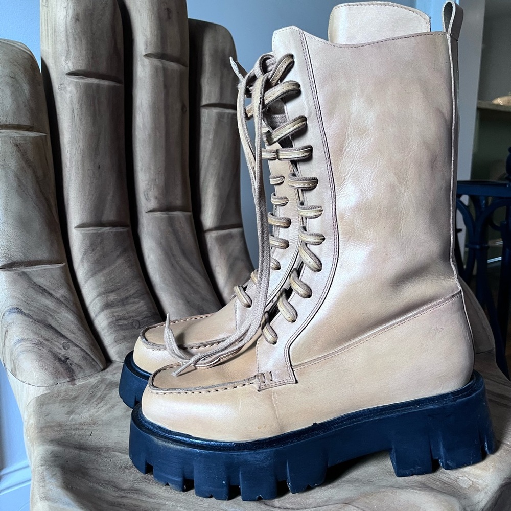 Free People NEW Caramel Lug Sole Laced Leather Boots